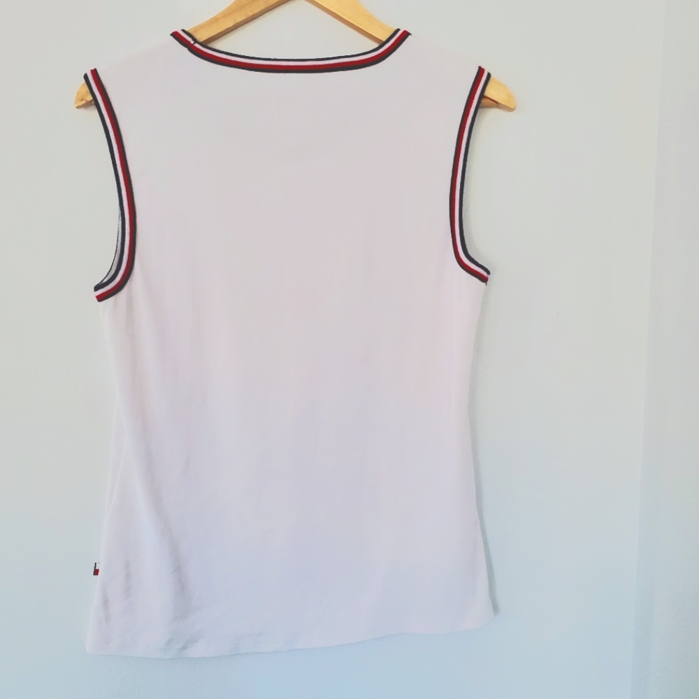 TOMMY HILFIGER Women L White Sleeveless Top Red White Blue Stripe Accent Preppy - Picture 6 of 12